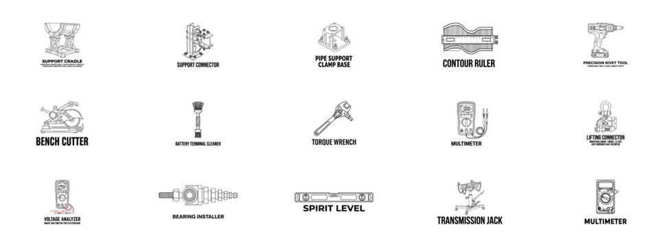 Industrial Tools and Mechanical Equipment Icon Set