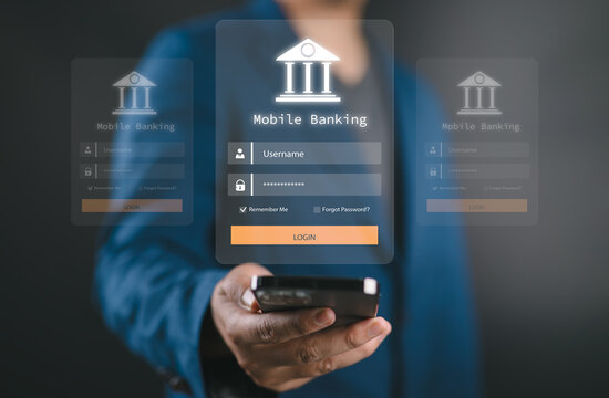 Hand logging into mobile banking app with digital interface. Concept of secure mobile banking, fintech app, online finance, e-banking, and personal account management.