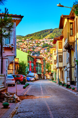 Fototapeta premium Traditional Houses in Historic Bursa with View of Uludag Mountain, Turkey