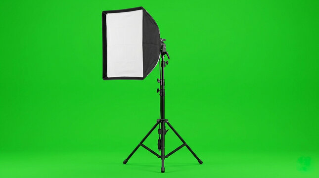 Professional studio photography lighting equipment featuring large softbox attached to adjustable metal tripod stand isolated over vibrant chroma key green screen backdrop