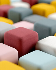 Fototapeta premium Soft cubes in pastel tones surround one bold red cube. Texture contrasts highlight individuality against uniformity. Color choices evoke calm, creativity, and subtle confidence