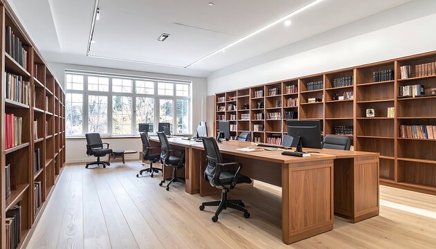 A spacious office with wooden desks and bookshelves