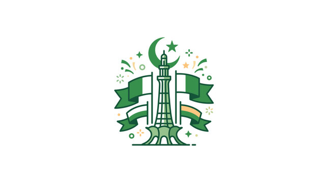 Iconic Minar-e-Pakistan with Festive Green Flags and Celebratory Elements