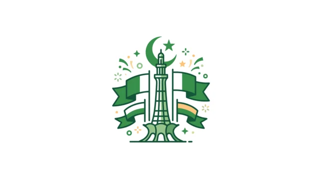 Iconic Minar-e-Pakistan with Festive Green Flags and Celebratory Elements