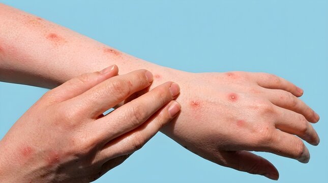 Close up of hands checking red rash on arm suffering from monkeypox, mpox, chickenpox or allergic reaction, medical dermatology concept for public health education, disease and infection.