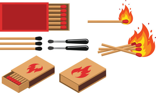 Safety matches vector icon set featuring red matchbox flat and isometric views burning matchsticks with fire flame and burnt matches isolated on white background