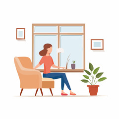 Fototapeta premium Woman relaxing in a chair by the window with a plant in a living room