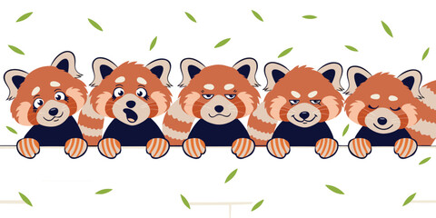 Five cute red panda characters looking over a wooden fence with wildlife characters expression illustration © Vareil