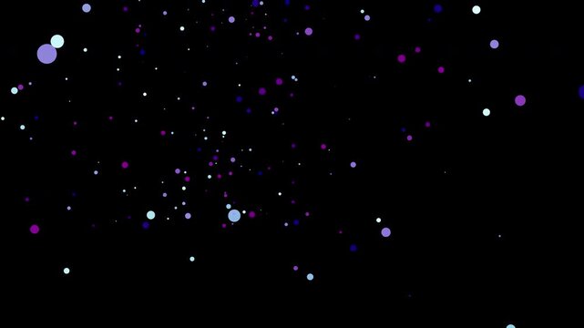 Abstract loopable animation of purple, blue, and magenta bokeh particles scattering and floating on a dark black background. Creative design element for futuristic backdrop, space concepts, and video 