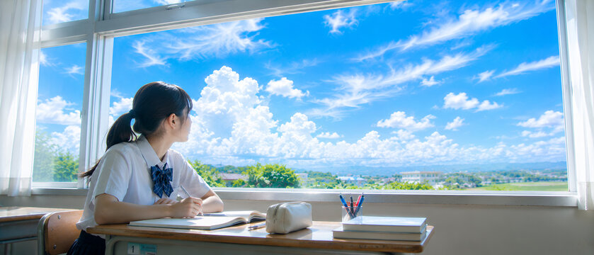 教室の窓から夏空と入道雲を眺める女子高校生