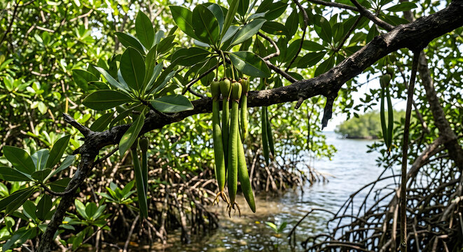 Close up of green mangrove propagules or seed pods hanging from a branch in a coastal mangrove forest ecosystem.