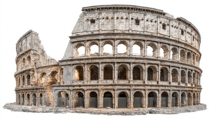 Fototapeta premium Ancient stone amphitheater with tiered arches, partly ruined, on a white background