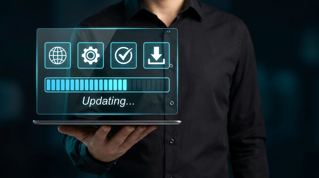 Businessman holding tablet with software update progress bar loading screen interface