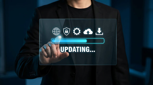 Businessman touching futuristic screen with system software update progress bar