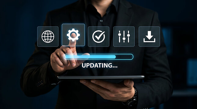 Business man hand touching gear icon processing system update loading on tablet
