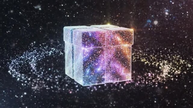 Cosmic Cube in Space: Glittering Gift Box Floating in Nebula and Starry Universe Scene