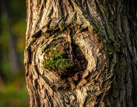 A close-up of a tree trunk with a knot covered in moss