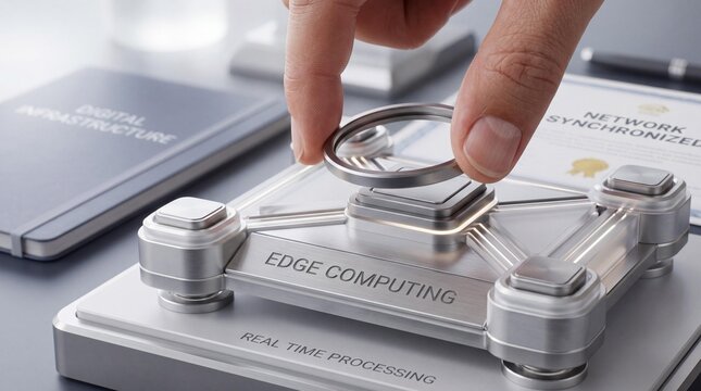 Hand interacting with edge computing device on modern tech workspace