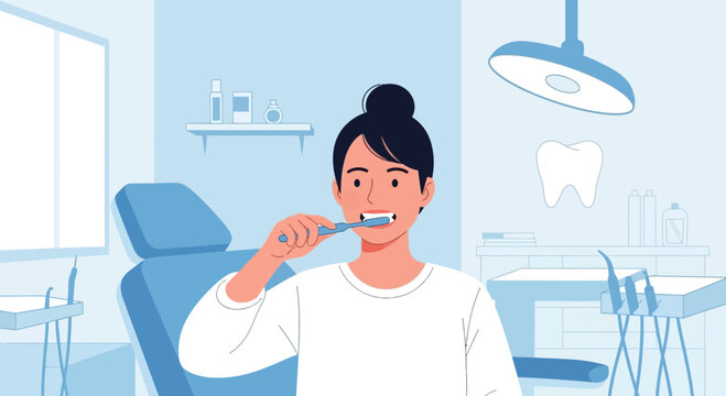 Woman brushing teeth in modern dental clinic, healthy smile concept