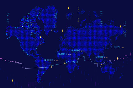 Blue digital world map with glowing data dots and analytics graph, abstract global network background for financial markets, big data visualization, business intelligence and technology dashboards.