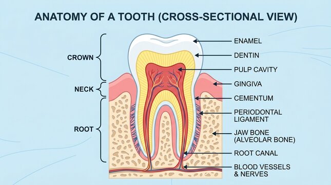 Anatomy of a human tooth cross sectional view with detailed labeled layers