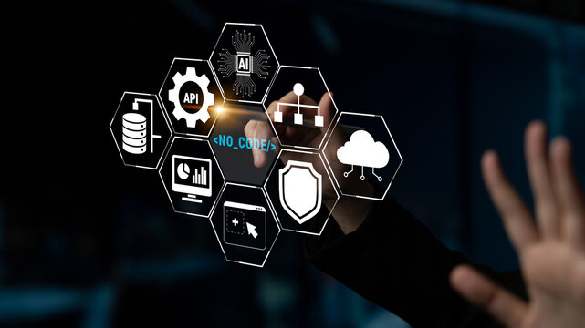 Futuristic Hand Touching Digital Interface with Hexagons Representing No-Code Development, API Management, AI Technology, and Data Security Solutions Quark.