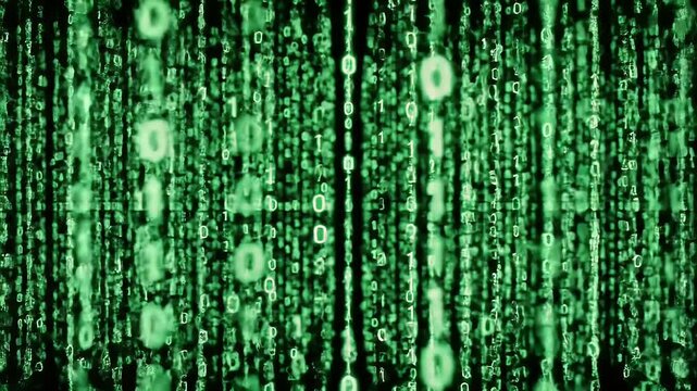 Abstract visualization of cascading binary code with green digital rain effect.