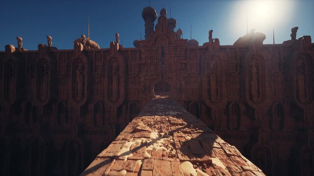 Sunlit ancient fortress wall with pathway leading toward carved gate, drone viewpoint over weathered stone, warm terracotta light, long shadows, atmospheric