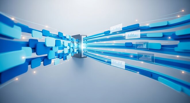Abstract representation of digital data flowing through a central portal, illustrating high-speed information transfer and connectivity.