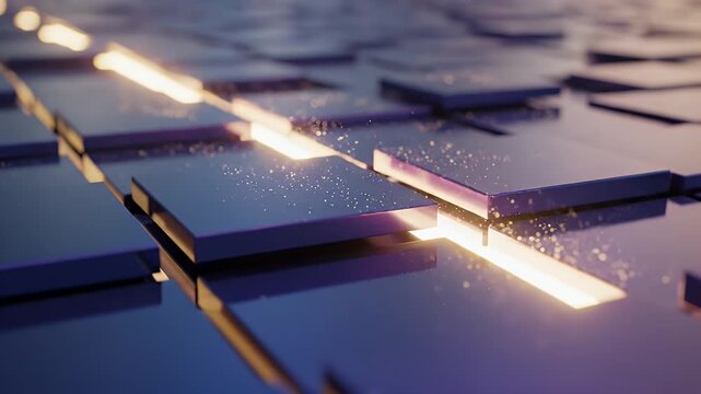 Abstract geometric pattern with illuminated gaps and floating particles.
