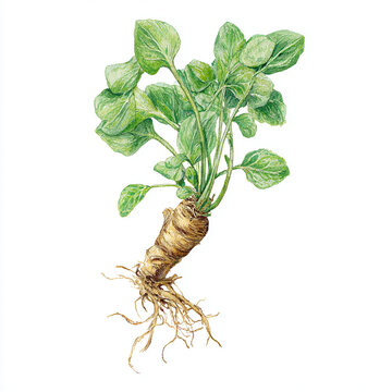 Fingerroot rhizome with slender roots and fresh green leaves, hand-painted botanical watercolor illustration isolated on white background.