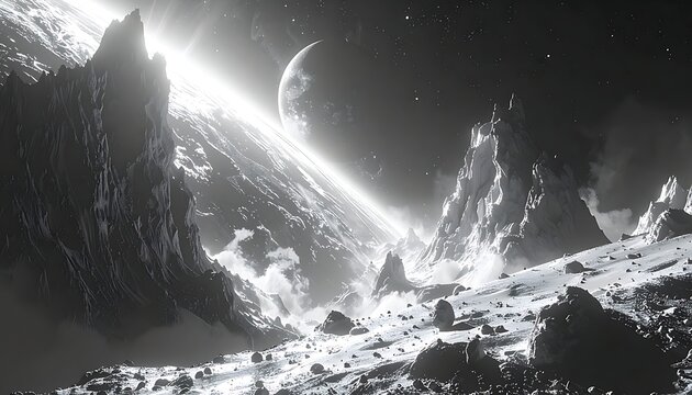 A desolate, rocky planetary landscape with a bright moon