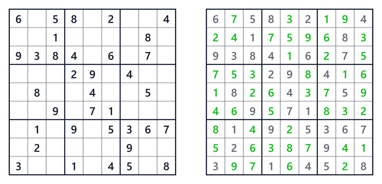 Sudoku puzzle grid with highlighted numbers and empty cells concept  