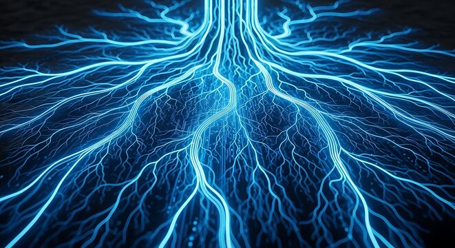 Abstract glowing blue electrical energy network resembling roots or neural pathways on a dark background.