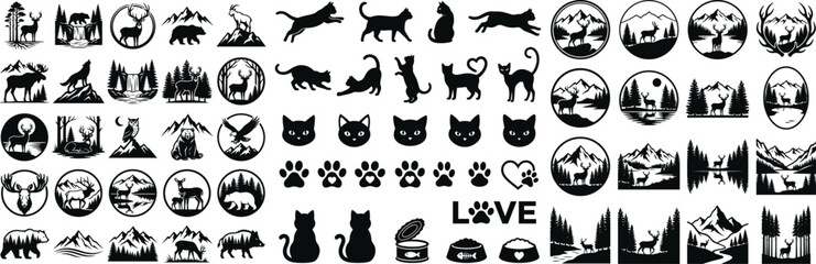 Fototapeta premium Large collection of forest animal silhouettes and mountain landscape badges for rustic outdoor branding projects