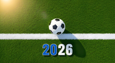 Obraz premium Soccer ball on green grass field with 2026 text