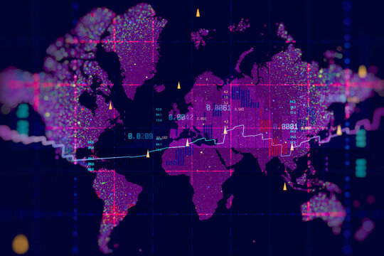 Global market analytics visualization with world map, financial charts and digital data points on dark technology background. International trading, economic intelligence and investment concept.