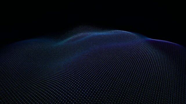 Abstract digital wave of blue particles on black background, futuristic data visualization mesh, flowing glowing dots in motion for technology concept