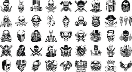 Obraz premium Set of skull character illustrations for various hobbies and sports featuring detailed ink line art