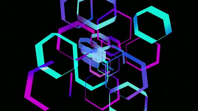 Neon hexagonal geometric tunnel loop, glowing purple and cyan abstract shapes on black, futuristic motion graphics for music visuals