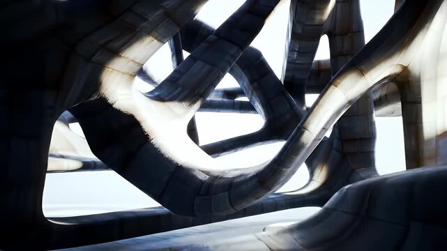 Abstract dark interwoven sculptural forms with bright light highlighting curves and textures.