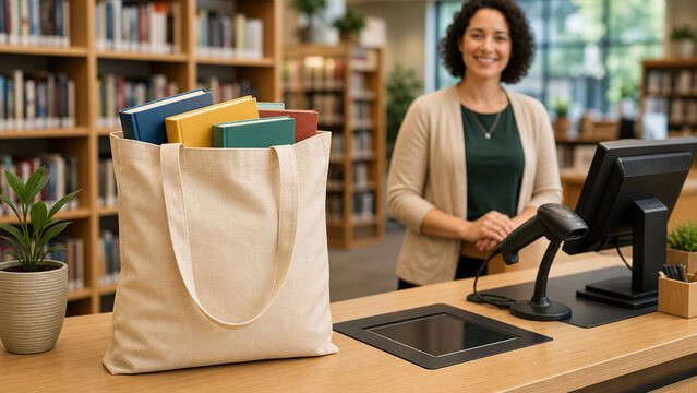 Reusable canvas tote filled with books on a library checkout counter with a smiling librarian in the background.