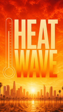 Bold heat wave poster design with thermometer icon, orange sunset sky, city skyline, palm trees, and hot weather warning concept.