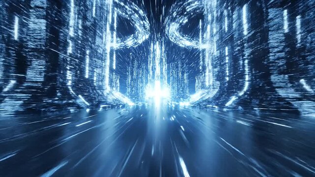 Abstract depiction of hyperspace travel with luminous blue trails.