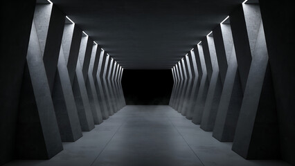 Fototapeta premium Dark concrete corridor with repeating geometric pillars and soft white linear lighting, perspective view of an empty industrial hallway tunnel