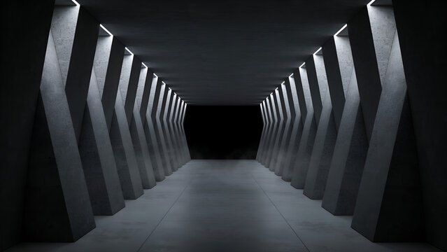 Dark concrete corridor with repeating geometric pillars and soft white linear lighting, perspective view of an empty industrial hallway tunnel