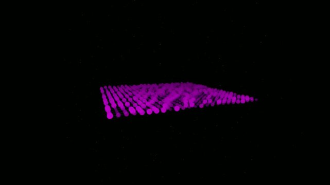 Purple glowing particle grid on black background, abstract digital wave of neon dots, futuristic data visualization and technology motion graphics
