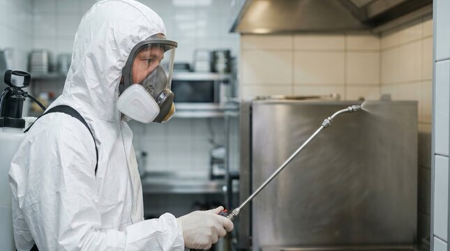 Pest control specialist wearing full protective gear, operating treatment equipment in commercial kitchen, maintaining hygiene standards, safety compliance and sanitation