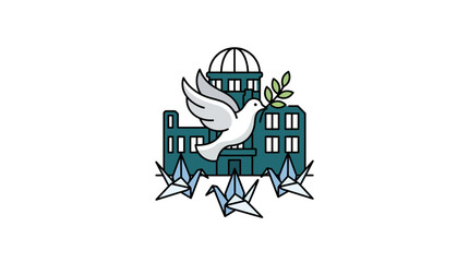 Fototapeta premium Dove of Peace with Olive Branch and Origami Cranes near Government Building
