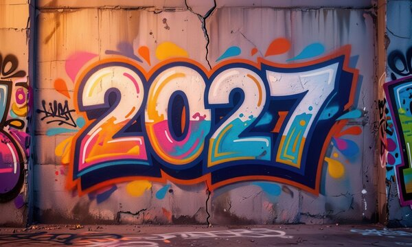 Colorful graffiti number 2027 on urban concrete wall with vibrant spray paint art